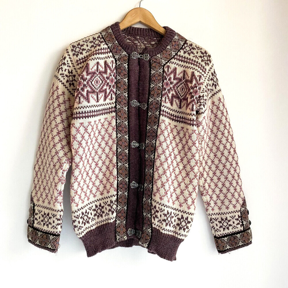 Vintage Wool Nordic Clasp Traditional Geometric Print Ski CArdigan M